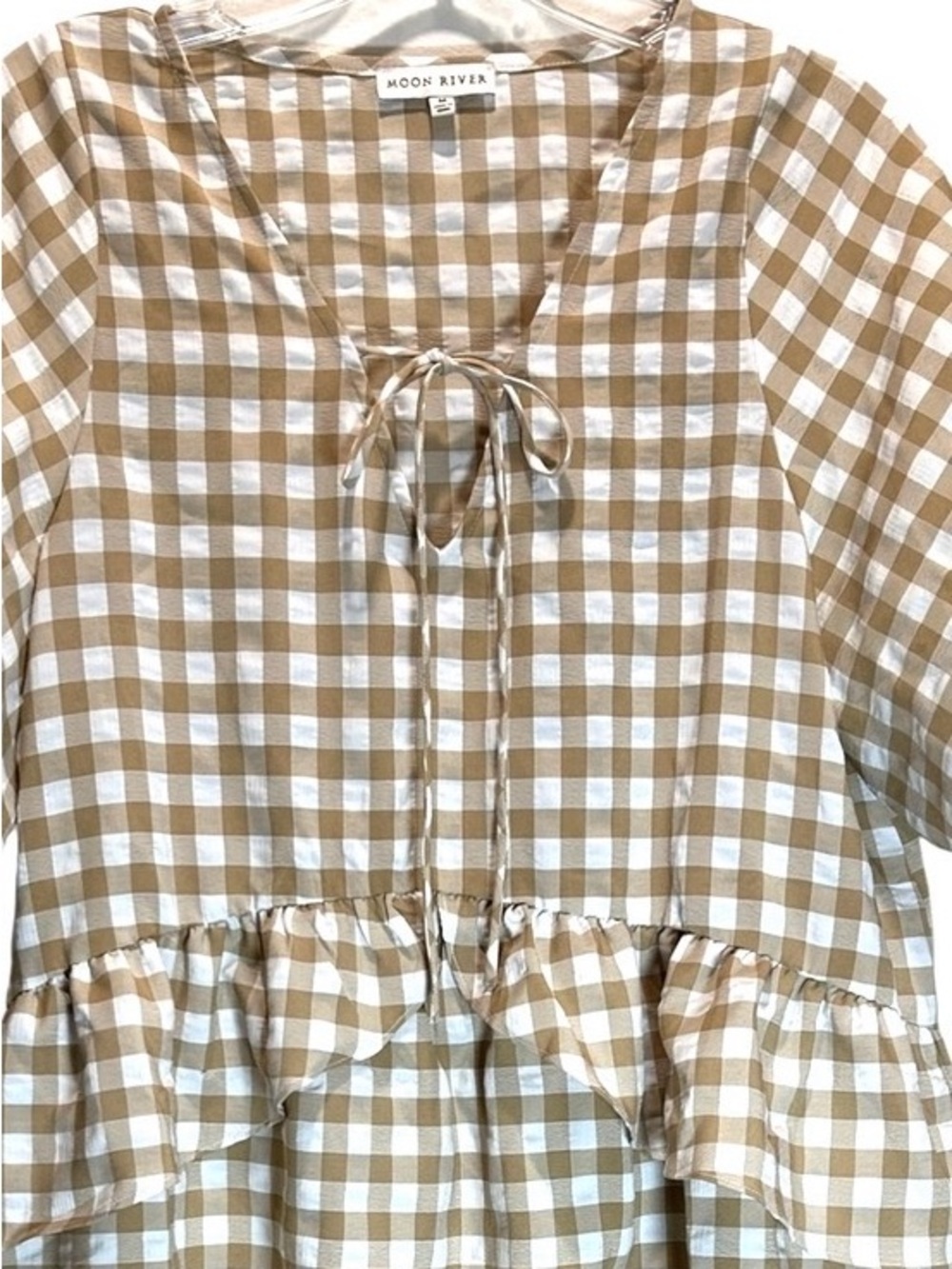 Moon River Beige and White Gingham Midi Dress - Picture 5 of 11